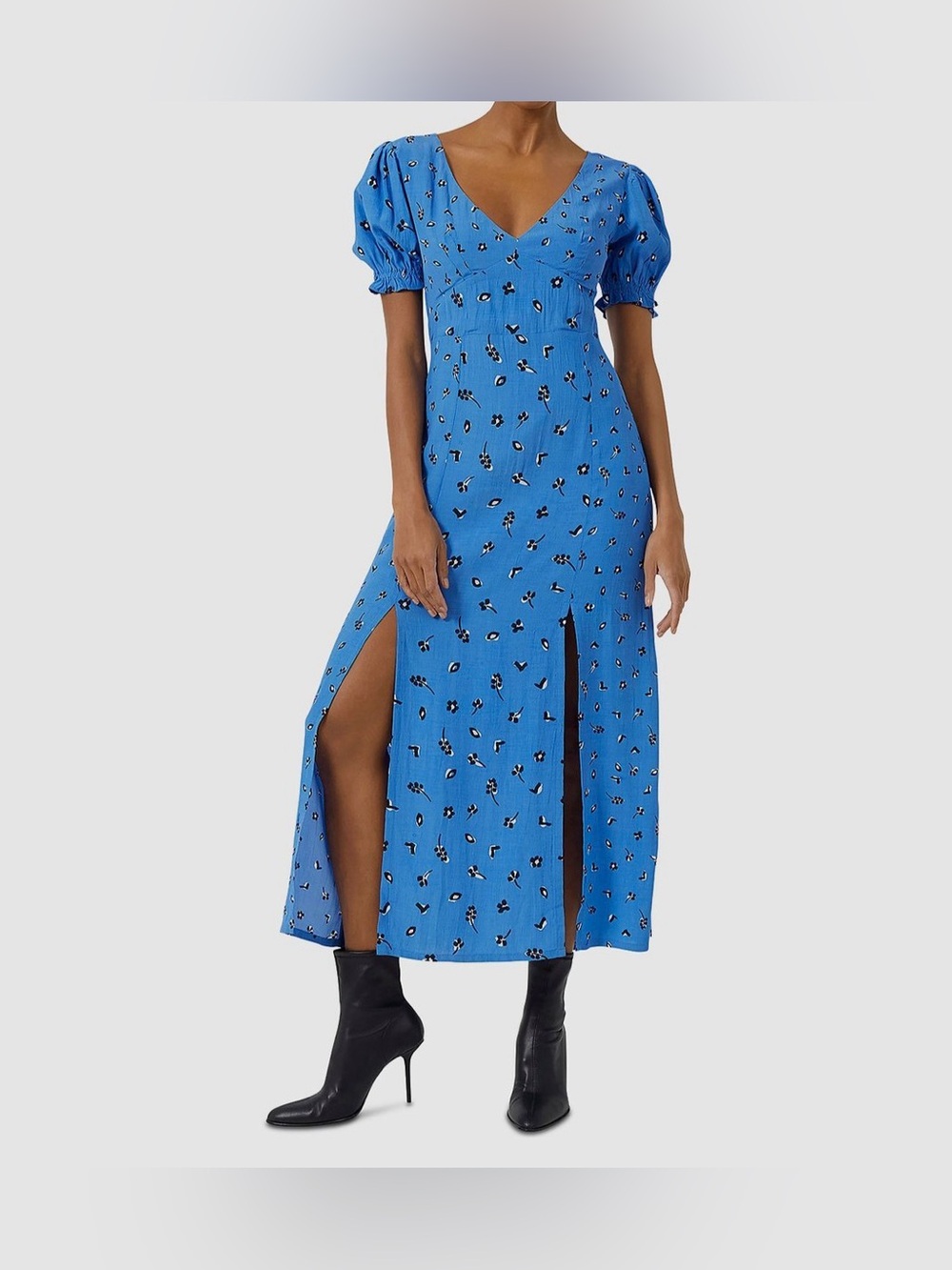 NWT French Connection Midi Tea Dress in Blue Ditsy Floral, size 12/XL
